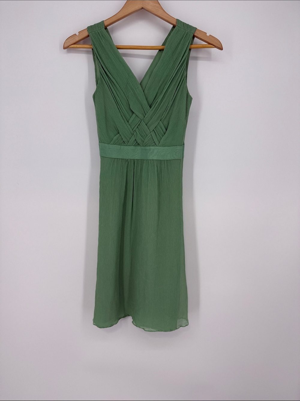 Banana Republic Sage Green Silk V-Neck Pleated Waist Midi Dress